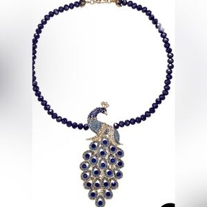 Eyecandy Los Angeles Royal blue beaded blue Peacock pendant statement‎ necklace